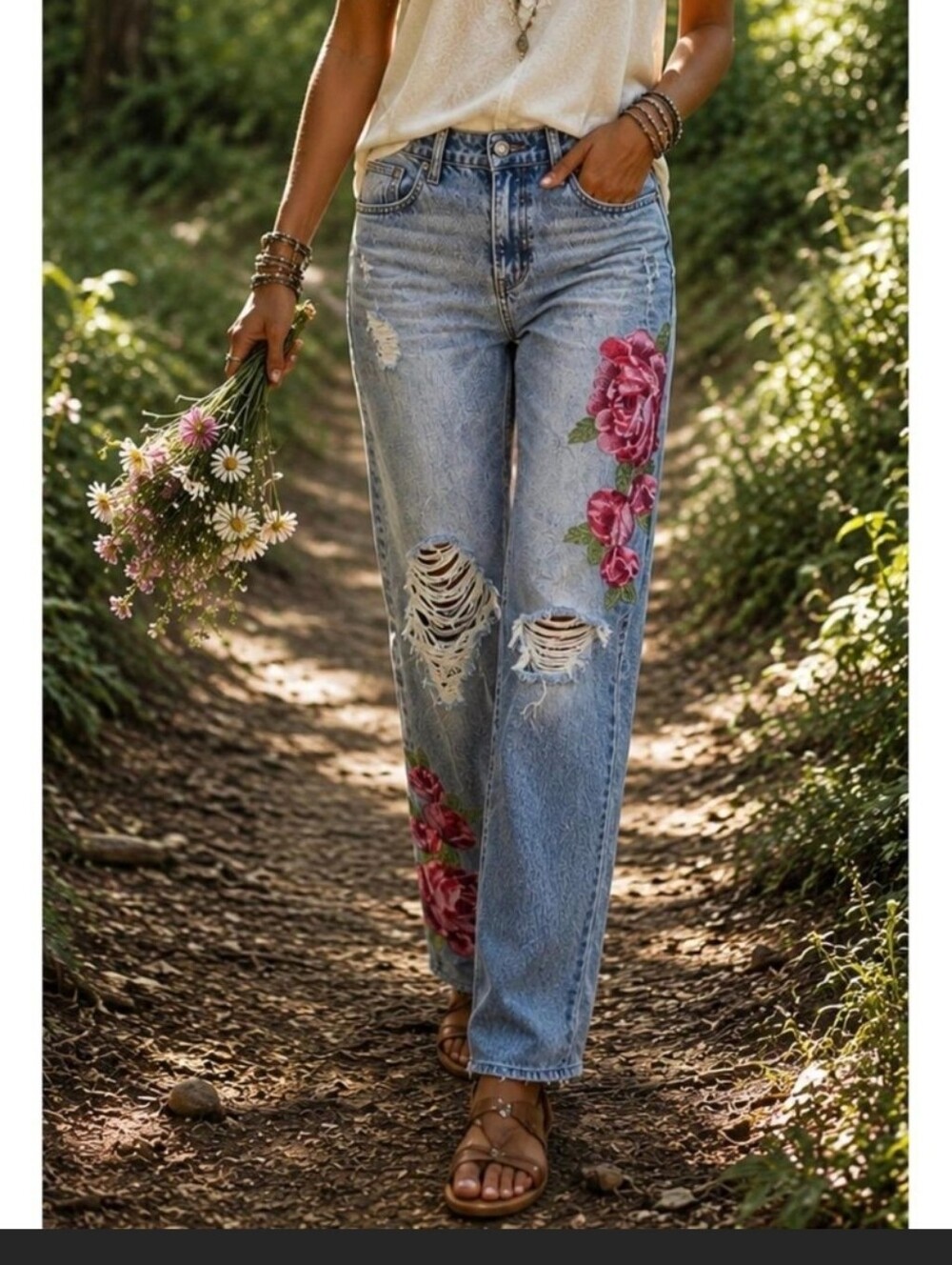 Cello Embroidered Jeans 3 Red Roses 100% Cotton High Waisted Ankle Distressed